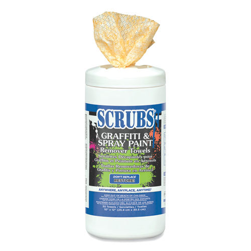 Image of SCRUBS® 90130 Graffiti and Spray Paint Remover Towels, Citrus, 10 x 12, Neutral Scent, White/Orange, 30/Canister, 6 Canisters/Carton