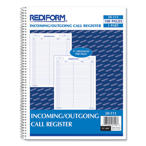 Image of Rediform® 50111 Wirebound Call Register, One-Part (No Copies), 11 x 8.5, 100 Forms Total