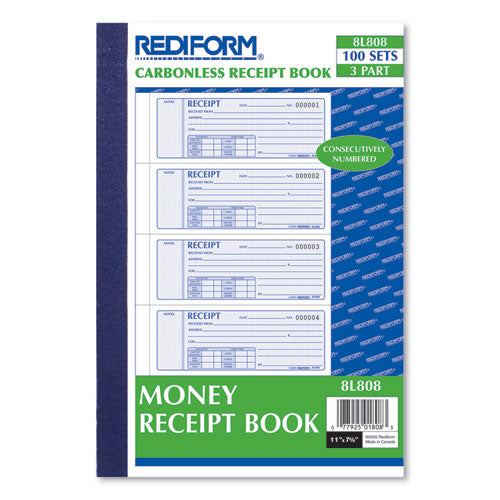 Image of Rediform® 8L808 Money Receipt Book, Softcover, Three-Part Carbonless, 7 x 2.75, 4 Forms/Sheet, 100 Forms Total