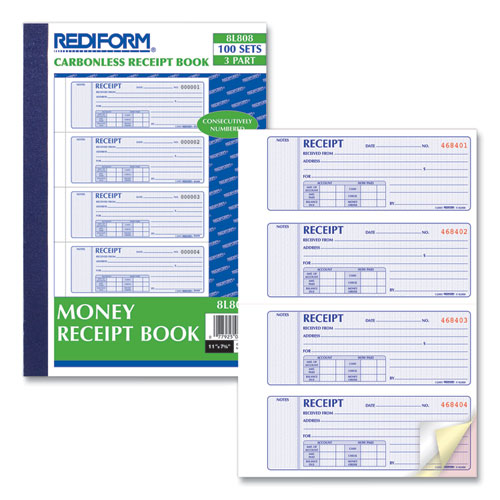 Image of Rediform® 8L808 Money Receipt Book, Softcover, Three-Part Carbonless, 7 x 2.75, 4 Forms/Sheet, 100 Forms Total