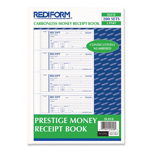Image of RediformÂ® Money Receipt Book, Hardcover, Three-Part Carbonless, 7 x 2.75, 4 Forms/Sheet, 200 Forms Total