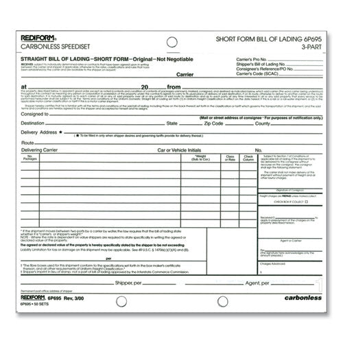 Image of Rediform® 6P695 Speediset Bill of Lading, Short Form, Three-Part Carbonless, 7 x 8.5, 50 Forms Total