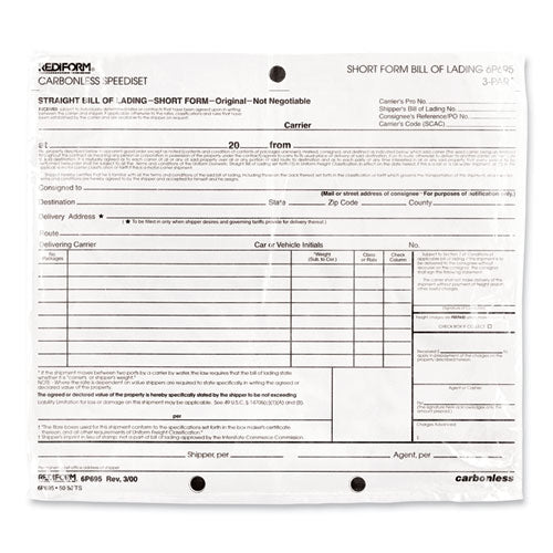 Image of Rediform® 6P695 Speediset Bill of Lading, Short Form, Three-Part Carbonless, 7 x 8.5, 50 Forms Total