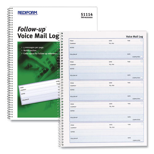 Image of Rediform® 51114 Follow-up Wirebound Voice Mail Log Book, One-Part (No Copies), 7.5 x 2, 5 Forms/Sheet, 500 Forms Total