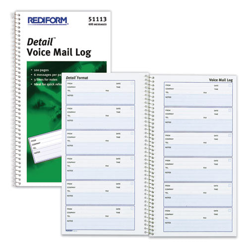 Image of Rediform® 51113 Detail Wirebound Voice Mail Log Book, One-Part (No Copies), 5 x 1.63, 6 Forms/Sheet, 600 Forms Total