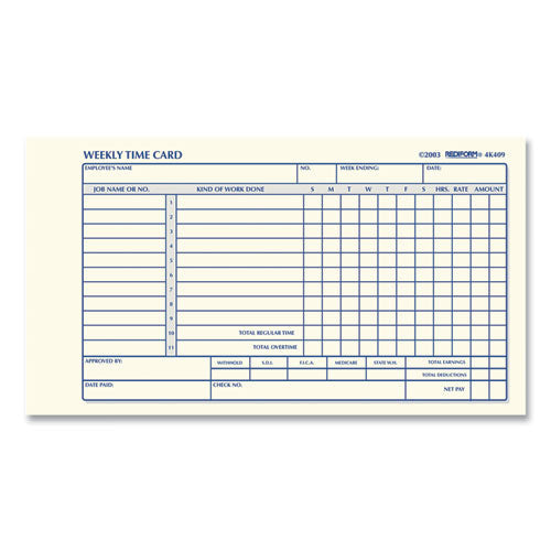 Image of Rediform® 4K409 Weekly Employee Time Cards, Sunday-Saturday, One Side, 4.25 x 7, 100/Pad