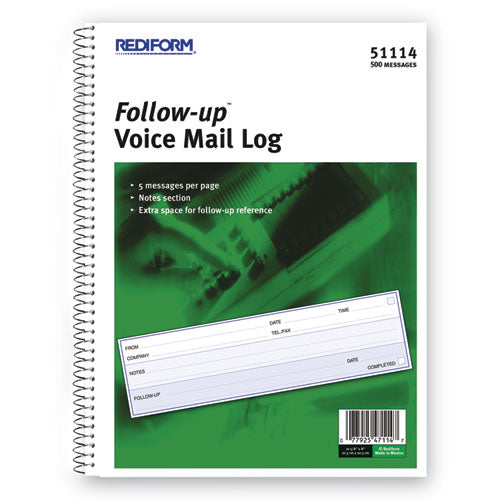 Image of Rediform® 51114 Follow-up Wirebound Voice Mail Log Book, One-Part (No Copies), 7.5 x 2, 5 Forms/Sheet, 500 Forms Total