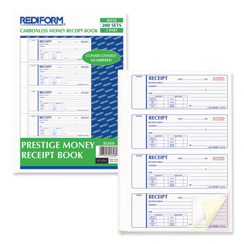 Image of RediformÂ® Money Receipt Book, Hardcover, Three-Part Carbonless, 7 x 2.75, 4 Forms/Sheet, 200 Forms Total