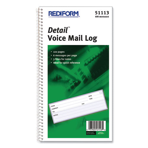 Image of Rediform® 51113 Detail Wirebound Voice Mail Log Book, One-Part (No Copies), 5 x 1.63, 6 Forms/Sheet, 600 Forms Total
