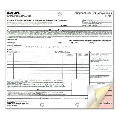 Image of Rediform® 6P695 Speediset Bill of Lading, Short Form, Three-Part Carbonless, 7 x 8.5, 50 Forms Total