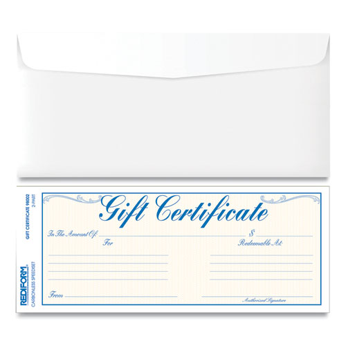Image of Rediform® 98002 Gift Certificates With Envelopes, 8.5 X 3.67, Blue/gold With Blue Border, 25/pack