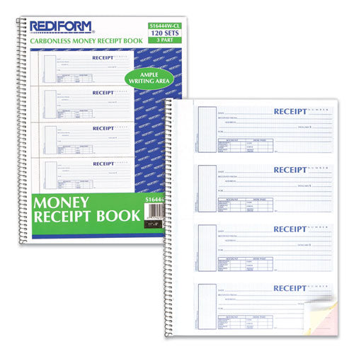 Image of Rediform® S16444WCL Spiralbound Unnumbered Money Receipt Book, Three-Part Carbonless, 7 x 2.75, 4 Forms/Sheet, 120 Forms Total