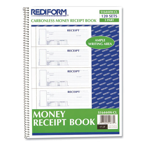 Image of Rediform® S16444WCL Spiralbound Unnumbered Money Receipt Book, Three-Part Carbonless, 7 x 2.75, 4 Forms/Sheet, 120 Forms Total