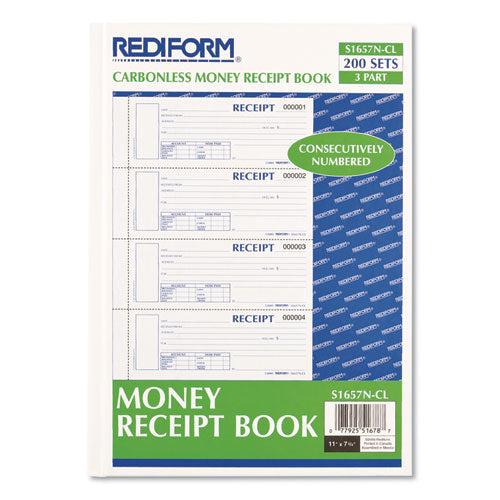 Image of Rediform® S1657NCL Durable Hardcover Numbered Money Receipt Book, Three-Part Carbonless, 6.88 x 2.75, 4 Forms/Sheet, 200 Forms Total