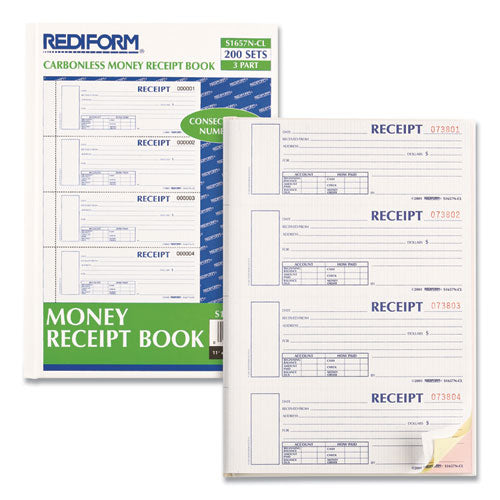 Image of Rediform® S1657NCL Durable Hardcover Numbered Money Receipt Book, Three-Part Carbonless, 6.88 x 2.75, 4 Forms/Sheet, 200 Forms Total