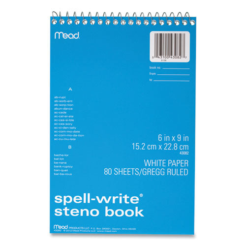Image of Mead® 43082 Spell-Write Wirebound Steno Pad, Randomly Assorted Cover Colors, Gregg Rule, (80) White 6 x 9 Sheets