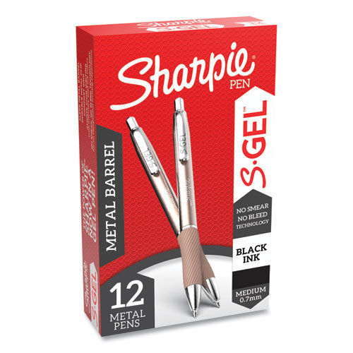 Image of Sharpie® S-Gel 2147526 S-Gel Premium Metal Barrel Gel Pen, Retractable, Medium 0.7 Mm, Black Ink, Champagne Barrel, Dozen
