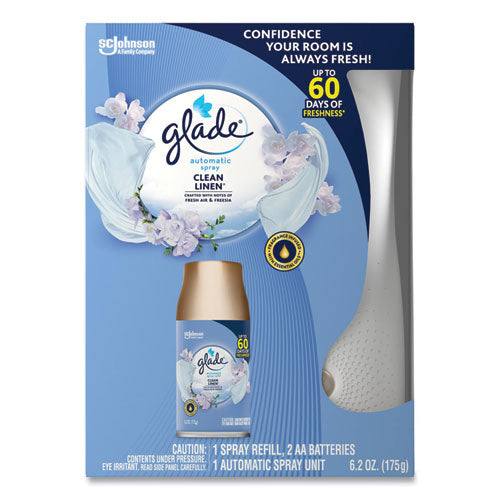 Image of Glade® 310916 Automatic Spray Starter Kit, Spray Unit and Refill, White/Gold, Clean Linen, 4/Carton
