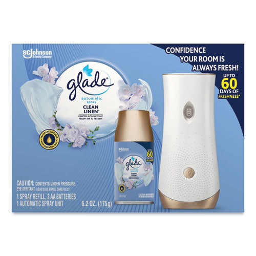 Image of Glade® 310916 Automatic Spray Starter Kit, Spray Unit and Refill, White/Gold, Clean Linen