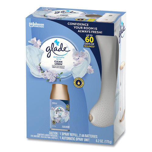 Image of Glade® 310916 Automatic Spray Starter Kit, Spray Unit and Refill, White/Gold, Clean Linen