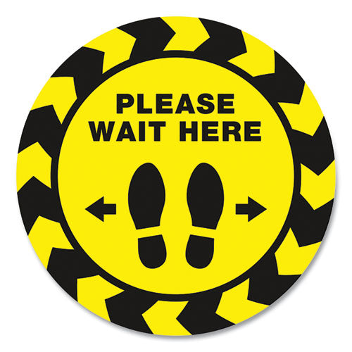 Image of Avery® 83020 Social Distancing Floor Decals, 10.5" Dia, Please Wait Here, Yellow/black Face, Black Graphics, 5/pack