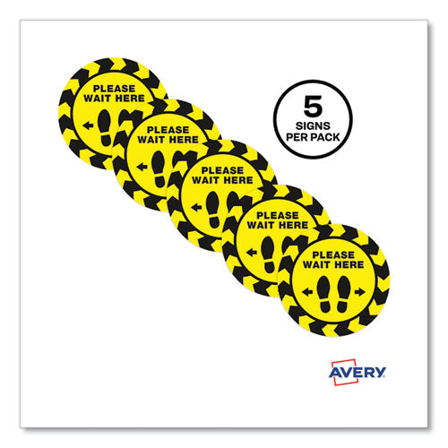 Image of Avery® 83020 Social Distancing Floor Decals, 10.5" Dia, Please Wait Here, Yellow/black Face, Black Graphics, 5/pack