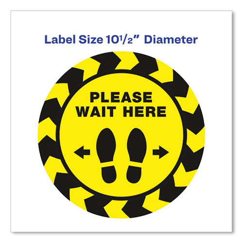 Image of Avery® 83020 Social Distancing Floor Decals, 10.5" Dia, Please Wait Here, Yellow/black Face, Black Graphics, 5/pack