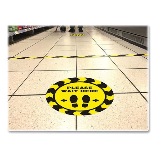 Image of Avery® 83020 Social Distancing Floor Decals, 10.5" Dia, Please Wait Here, Yellow/black Face, Black Graphics, 5/pack