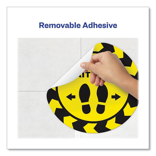 Image of Avery® 83020 Social Distancing Floor Decals, 10.5" Dia, Please Wait Here, Yellow/black Face, Black Graphics, 5/pack