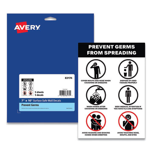 Image of Avery® 83174 Preprinted Surface Safe Wall Decals, 7 X 10, Prevent Germs From Spreading, White/black Face, Black Graphics, 5/pack
