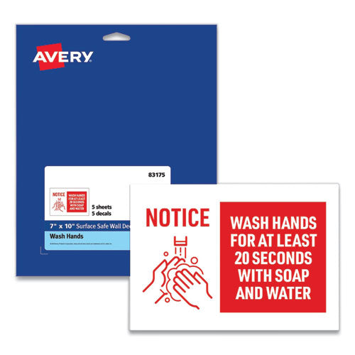 Image of Avery® 83175 Preprinted Surface Safe Wall Decals, 10 X 7, Wash Hands For At Least 20 Seconds, White/red Face, Red Graphics, 5/pack