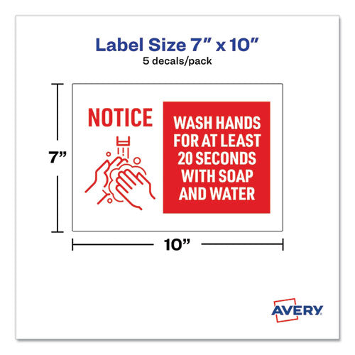 Image of Avery® 83175 Preprinted Surface Safe Wall Decals, 10 X 7, Wash Hands For At Least 20 Seconds, White/red Face, Red Graphics, 5/pack