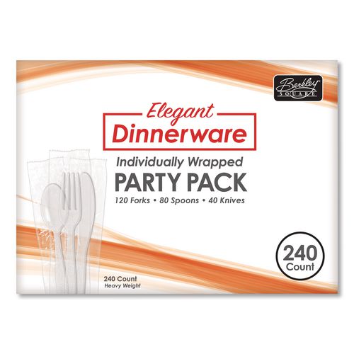 Image of Berkley Square BEP90191 Elegant Dinnerware Heavyweight Cutlery Assortment, Heavyweight, (120) Forks/(80) Spoons/(40) Knives, Plastic, White, 240/Box