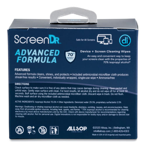 Image of Digital Innovations 32347 ScreenDr Device and Screen Cleaning Wipes, Includes 60 Individually Wrapped Wipes and 8" Microfiber Cloth, 6 x 5, White