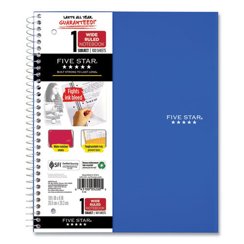 Image of Five Star® 05238/07635 Wirebound Notebook, 1-Subject, Wide/Legal Rule, Randomly Assorted Cover Color, (100) 10.5 x 8 Sheets