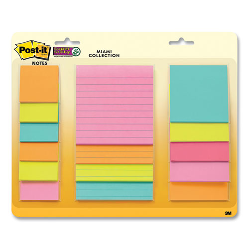 Image of Post-it® Notes Super Sticky 4423-15SSMIA Pads in Supernova Neon Colors, (6) Unruled 2" x 2", (5) Unruled 3" x 3", (4) Note Ruled 4" x 4", 45 Sheets/Pad, 15 Pads/Set