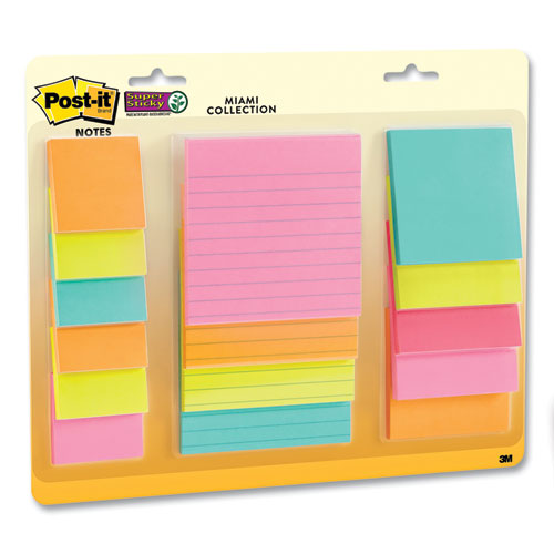 Image of Post-it® Notes Super Sticky 4423-15SSMIA Pads in Supernova Neon Colors, (6) Unruled 2" x 2", (5) Unruled 3" x 3", (4) Note Ruled 4" x 4", 45 Sheets/Pad, 15 Pads/Set