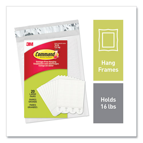 Image of Command 1720620NA Damage-Free Hanging Picture Hanging Strip Pairs, Holds Up to 3.75 lb, Large: 0.75" x 3.65", White, 20/Pack