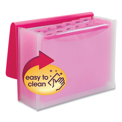 Image of Smead 70864 Poly Expanding Folders, 12 Sections, Cord/Hook Closure, 1/6-Cut Tabs, Letter Size, Pink/Clear