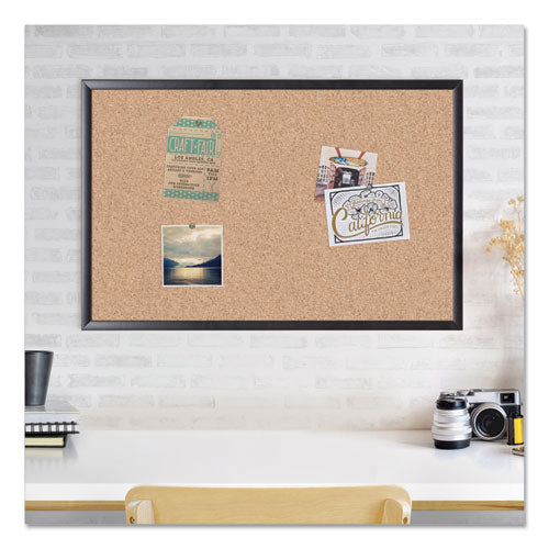 Image of U Brands Cork Bulletin Board, 36" x 24" (Actual Size: 35" x 23"), Tan Surface, Black Wood Frame