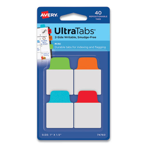 Image of Avery® 74760 Ultra Tabs Repositionable Tabs, Mini Tabs: 1" x 1.5", 1/5-Cut, Assorted Colors, 40/Pack