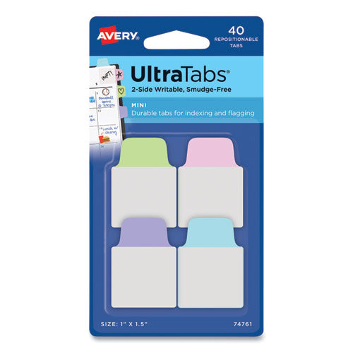 Image of Avery® 74761 Ultra Tabs Repositionable Tabs, Mini Tabs: 1" x 1.5", 1/5-Cut, Assorted Pastel Colors, 40/Pack