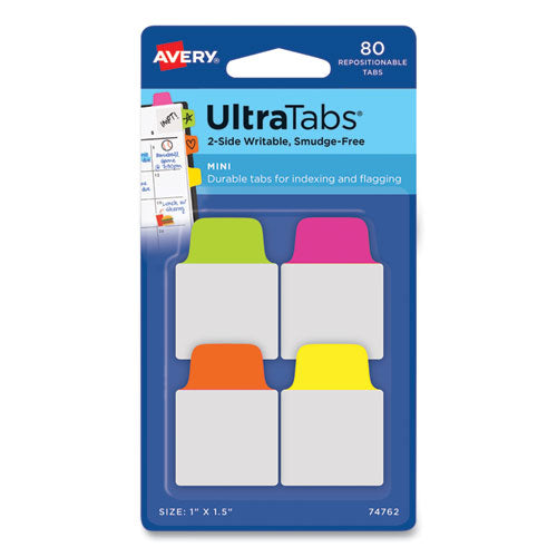 Image of Avery® 74762 Ultra Tabs Repositionable Tabs, Mini Tabs: 1" x 1.5", 1/5-Cut, Assorted Neon Colors, 80/Pack