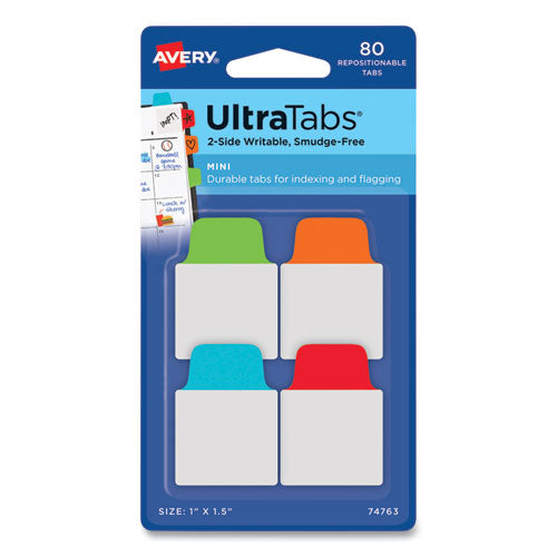 Image of Avery® 74763 Ultra Tabs Repositionable Tabs, Mini Tabs: 1" x 1.5", 1/5-Cut, Assorted Colors, 80/Pack