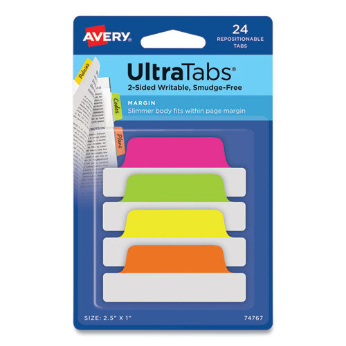 Image of Avery® 74767 Ultra Tabs Repositionable Tabs, Margin Tabs: 2.5" x 1", 1/5-Cut, Assorted Neon Colors, 24/Pack