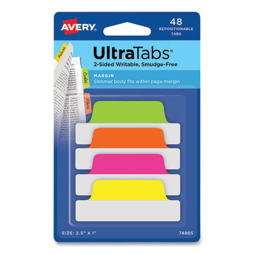 Image of Avery® 74865 Ultra Tabs Repositionable Tabs, Margin Tabs: 2.5" x 1", 1/5-Cut, Assorted Neon Colors, 48/Pack