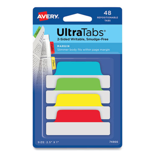 Image of Avery® 74866 Ultra Tabs Repositionable Tabs, Margin Tabs: 2.5" x 1", 1/5-Cut, Assorted Colors, 48/Pack