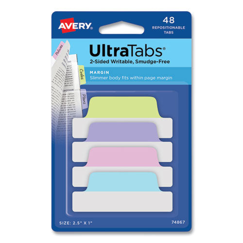 Image of Avery® 74867 Ultra Tabs Repositionable Tabs, Margin Tabs: 2.5" x 1", 1/5-Cut, Assorted Pastel Colors, 48/Pack
