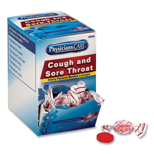 Image of PhysiciansCare® 90306 Cough and Sore Throat, Cherry Menthol Lozenges, Individually Wrapped, 50/Box