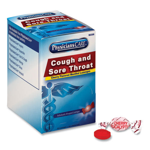 Image of PhysiciansCare® 90306 Cough and Sore Throat, Cherry Menthol Lozenges, Individually Wrapped, 50/Box